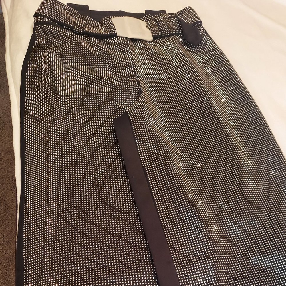 Womens Black Rhinestone Highwaist Wide Leg Pants (Size 14)